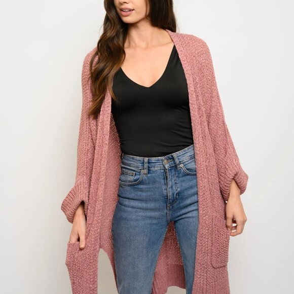 LONG SLEEVE SIDE SLITS POCKETS CARDIGAN Pink - Picture 6 of 8